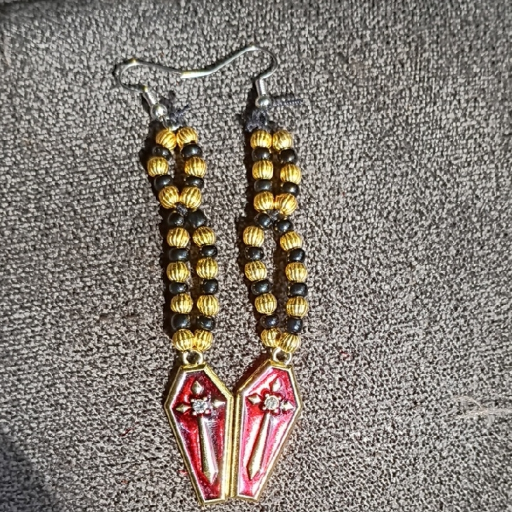 Gold and Red Beaded Earrings